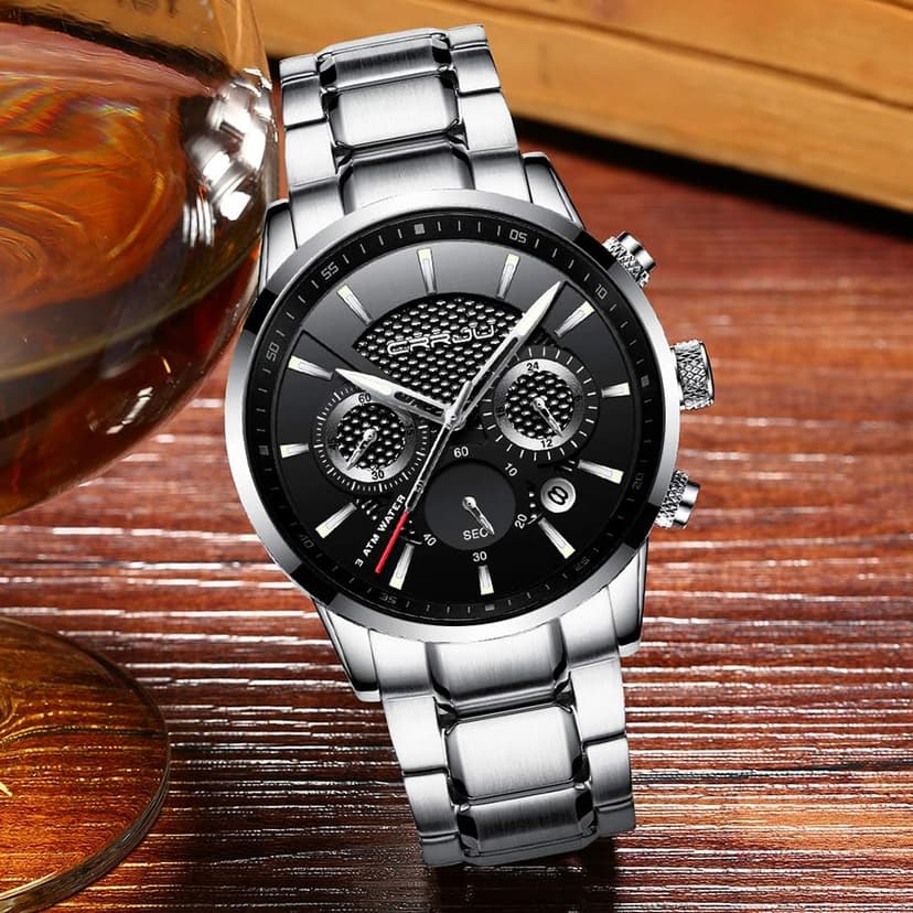 CRRJU Men's Business Casual Chronograph Quartz Waterproof Wristwatch Black Leather Strap