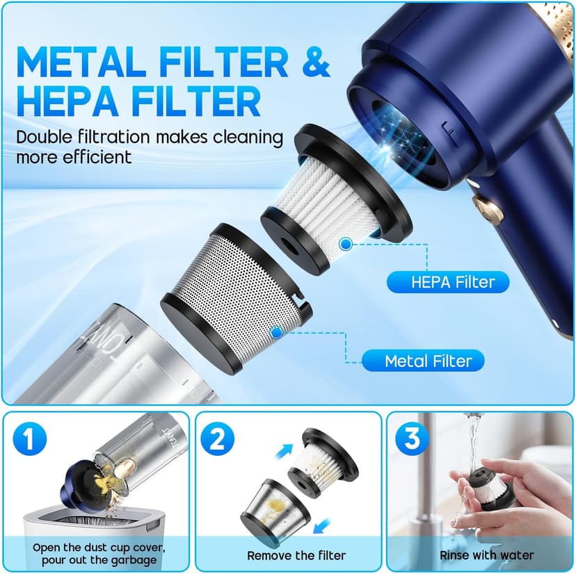 JONYJ Handheld Car Vacuum Cleaner, 16000PA Hand Held Vacuum Portable Cordless, 2 in 1 Air Duster and Vacuum Cleaner with LED Light, Multi-Nozzles, 120W High Power Mini Vacuum for Home, Pet, Office