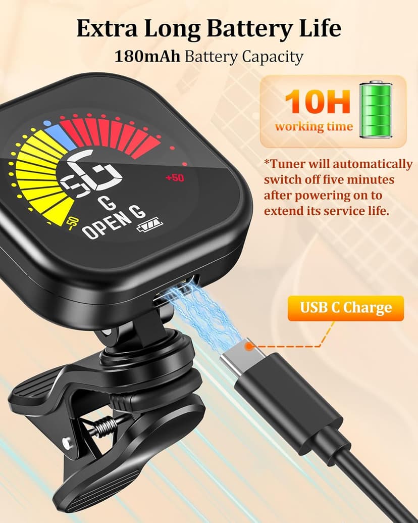 New Bee Guitar Tuner Clip-On Rechargeable with Color Screen 360° Rotatable Acoustic Chromatic Open Tuning for Guitar, Bass, Ukulele, Violin, Cello(Black, 1 Pack)