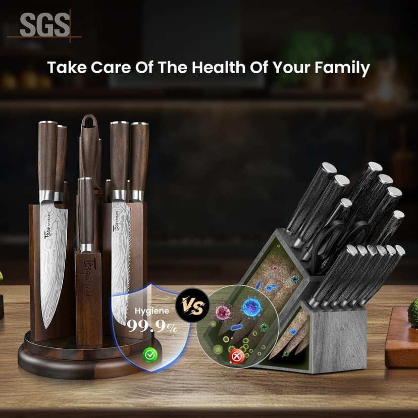 360° Rotatable Block, Japanese Style Chef Knife & Steak Knife Set with Sharpener, Wood Handle, Damascus Pattern, Ideal Gift SYOKAMI 14-Piece Kitchen Knife Set with Magnetic Block, New for 2026 B0CB122YV5