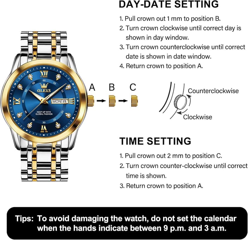 OLEVS Men's Stainless Steel Watch, Large Face Roman Numerals Diamond Accented Three-Hand Analog Quartz Watches for Men, Easy to Read Day Date Waterproof Luminous Mens Wristwatch