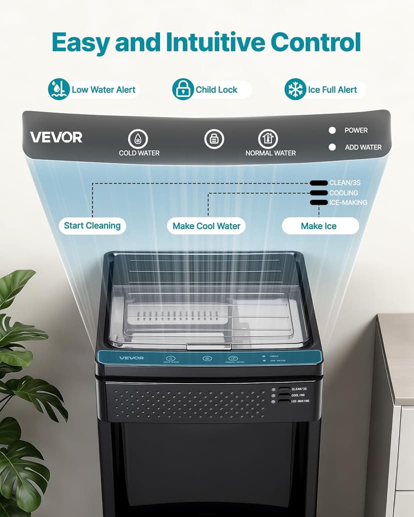 VEVOR Water Dispenser with Ice Maker, 3-in-1 Floor-Standing Water Dispenser, 33 LBS/24H, 9 Cubes/7 Min Fast Ice Making with 1.3 LBS Storage, Bullet Ice-Cubes & Cold-Water, for Home, Kitchen, Party