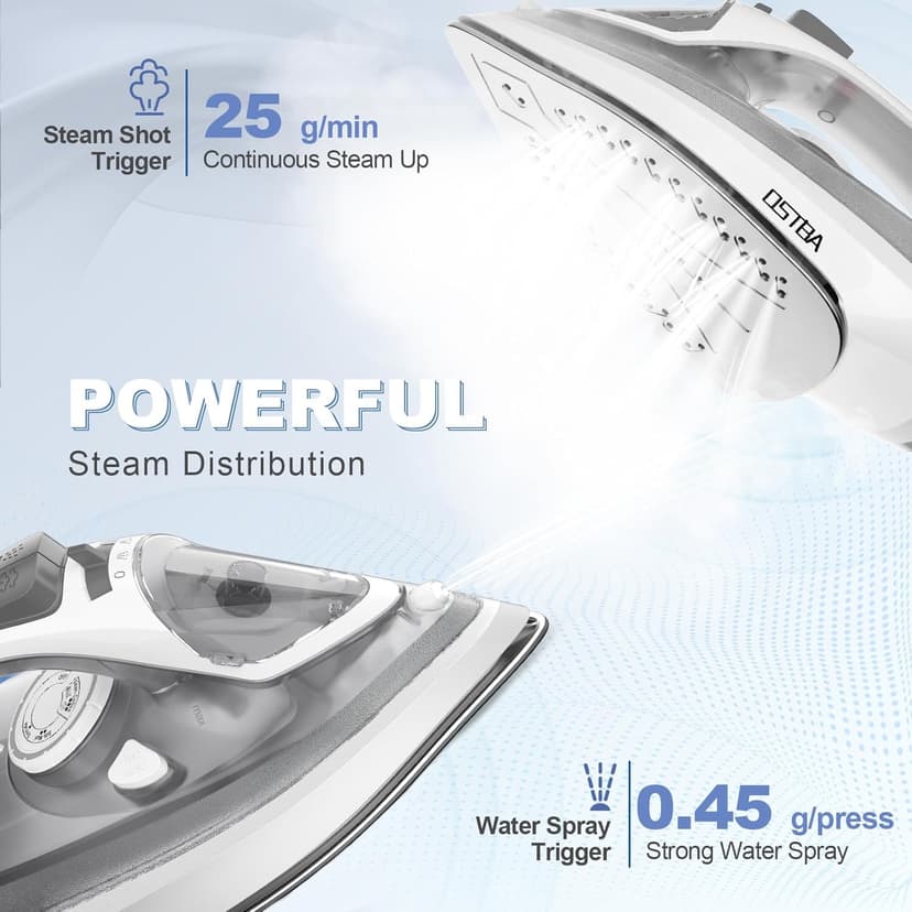 OSTBA 1600W Steam Iron for Clothes with Rapid Heating Nonstick Soleplate, Precise Thermostat Dial, Self-Cleaning, Anti-limescale, Drip Stop Function, 300ml Water Tank Clothes Iron