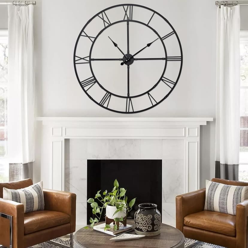 Ohweog Large Wall Clock for Living Room Decor – 32 Inch Silent Non-Ticking Modern Farmhouse Wall Clock, Oversized Decorative Metal Roman Numeral Clock, Black