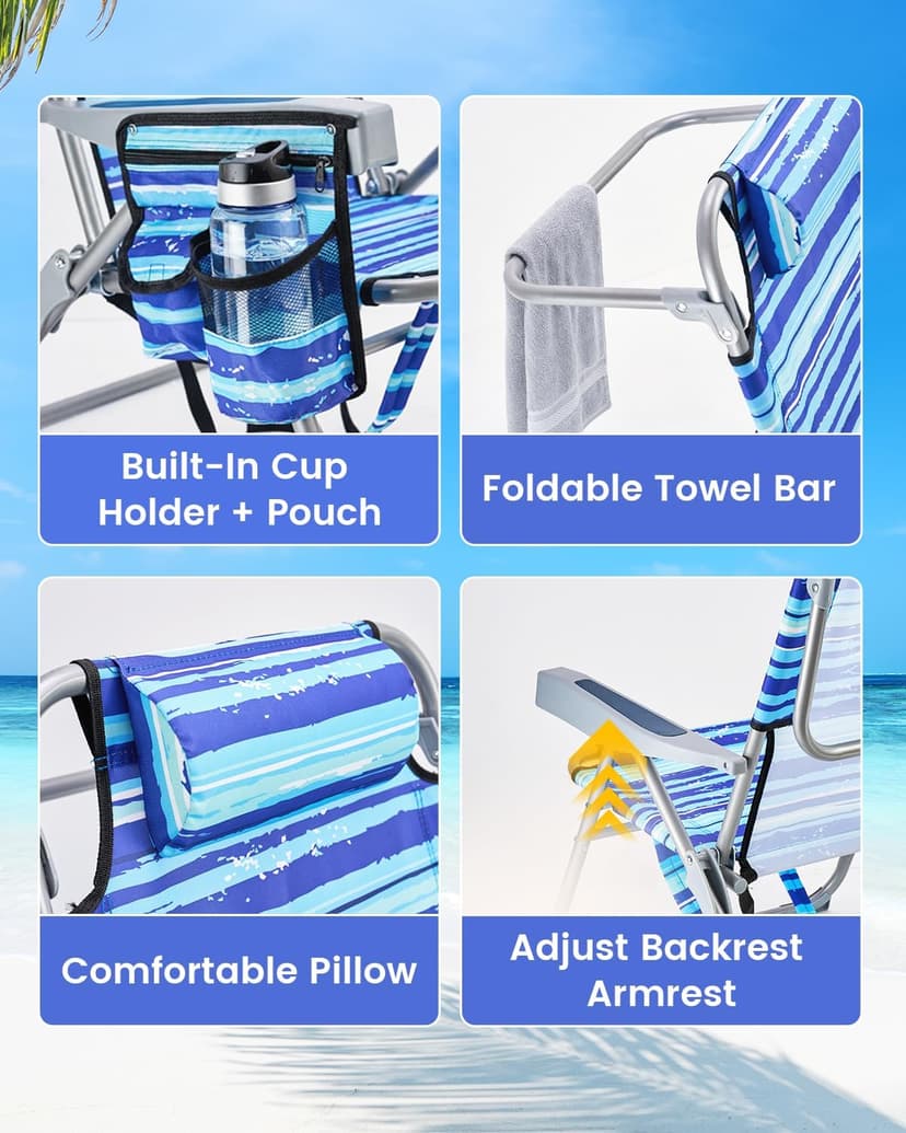 GVDV Backpack Beach Chairs for Adults 2 Pack, Portable Lay Flat Folding Chair with Cup Holder and Towel Bars, 4-Position Adjustable Reclining Chair for Beach, Camp, Outdoor, Blue Ocean
