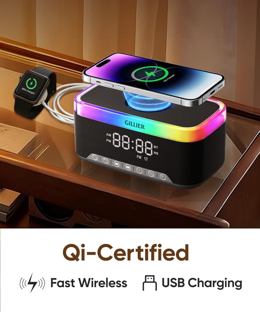 GILLIER Wireless Charging Alarm Clock Radio for Bedrooms – 15W Fast Wireless Charger Station for iPhone/Samsung, Bluetooth Stereo Speaker with FM Radio, Dimmable Display, USB Port, Sleep Timer, Black