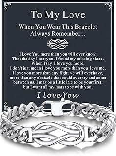 Bandmax Inifinity Love Knot Cuban Link Chain Bracelets for Men Stainless Steel/Black Mens Bracelet with Love Message Card Gift for Son Grandson Husband Father