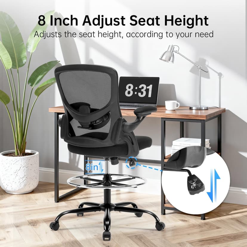 Drafting Chair Ergonomic Comuputer Standing Desk Chair with Flip-Up Arms and Lumbar Support, Tall Office Chair with Adjustable Footrest, Stool Counter Height Office Chairs Black