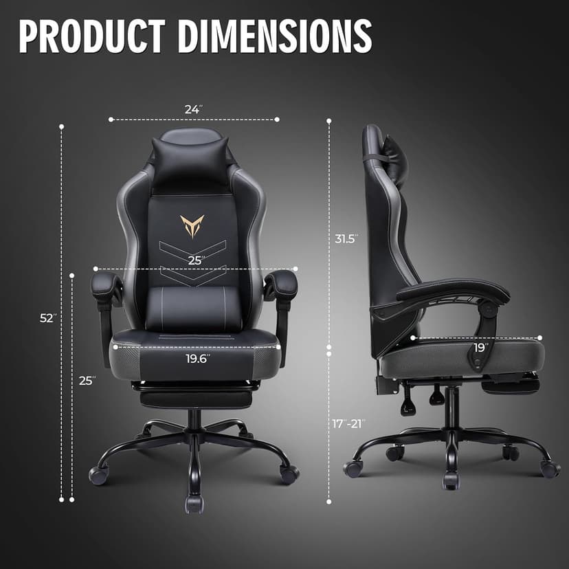 GTPLAYER Gaming Chair, Office Chair High Back Computer Chair with Foot Rest for Adults, Leather Desk Chair Executive Ergonomic Height Adjustable with Headrest and Lumbar Support, 300lbs Grey