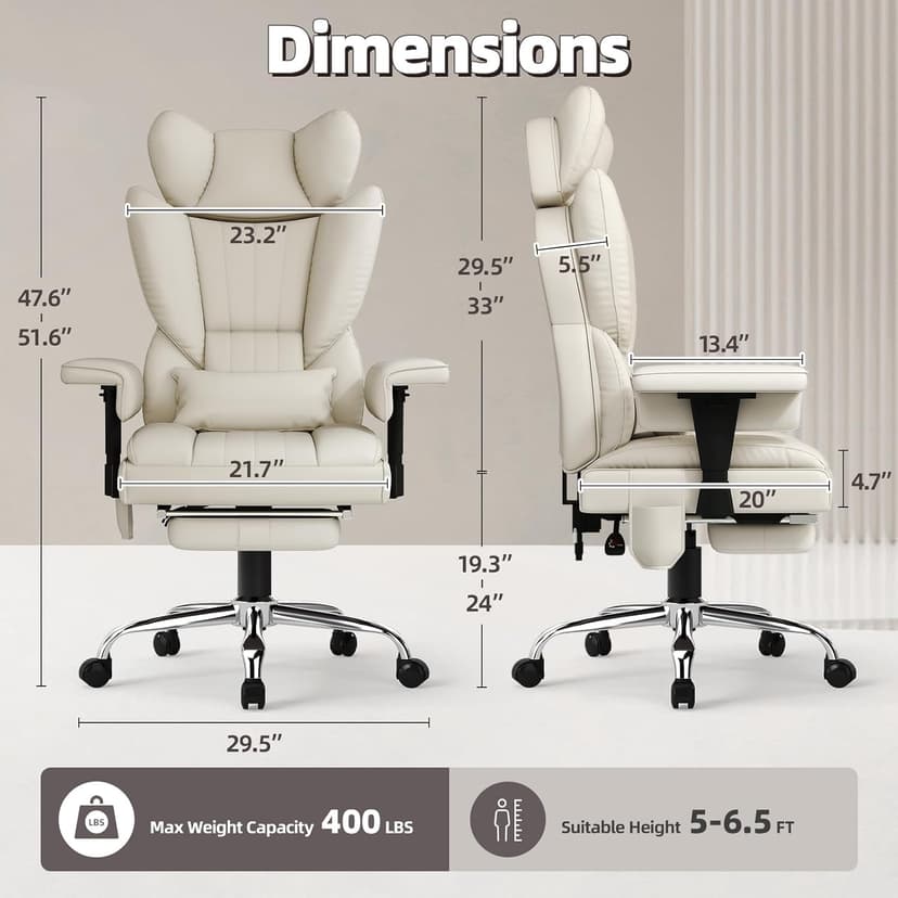 Massage Office Chair with Heat - 6 Points Vibration 400LBS Leather Reclining Office Chair with Lumbar Pillow, Adjust Headrest and Armrest, Executive Desk Chair for Home Office, Beige