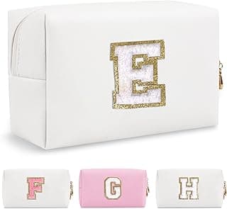 Small Personalized Initial A-Z Preppy Patch Makeup Bag,White PU Chenille Letter Travel Cosmetic Pouch with Zipper,Cute Toiletry Bag,Gift Ideal for Teen Girls Women Teacher Bridesmaid,Letter E