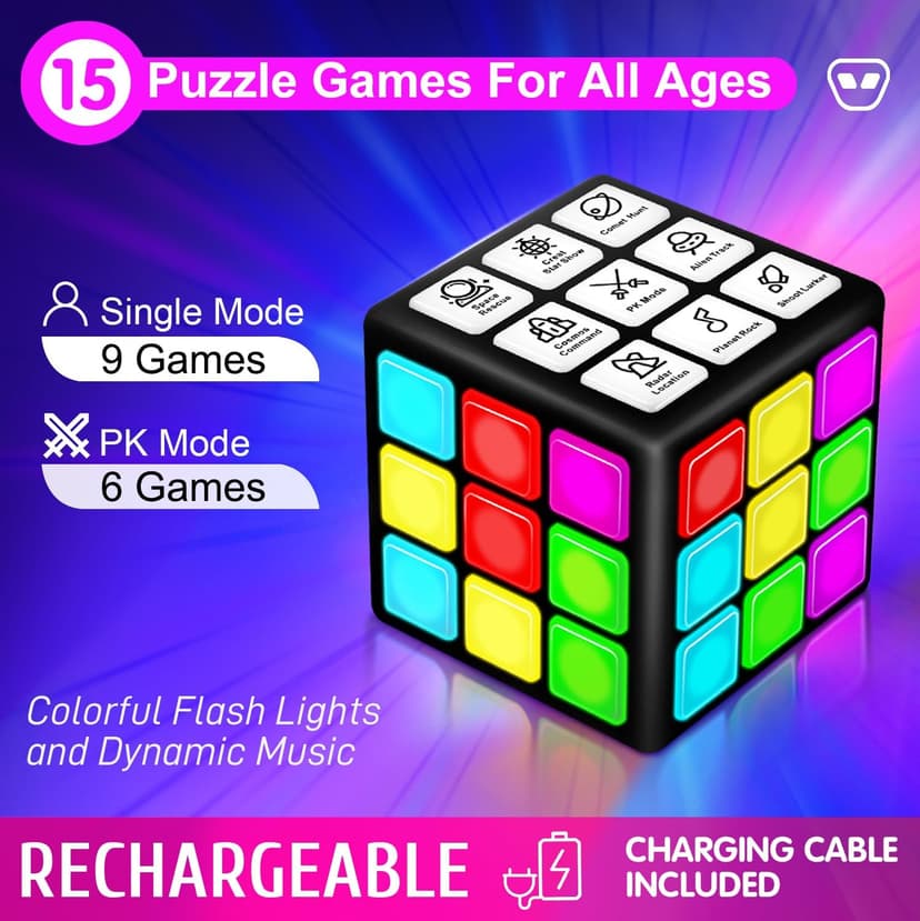 Rechargeable Game Handheld Cube - 15 Fun Brain & Memory Game with Score Screen - Christmas Easter Birthday Gifts for Boys Girls Ages 6-12+ Years Old - Toy Gift Idea for Kids Teens (Black)