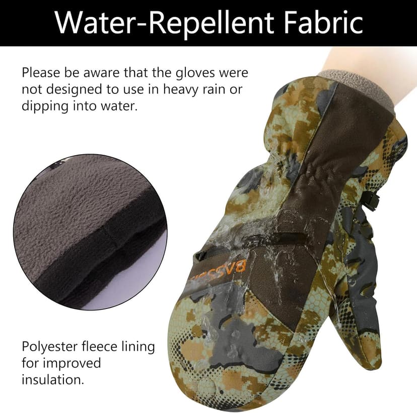 BASSDASH Men’s Insulated Mittens Winter Camo Hunting Gloves Water Resistant for Cold Weather Outdoor Activities HG04M