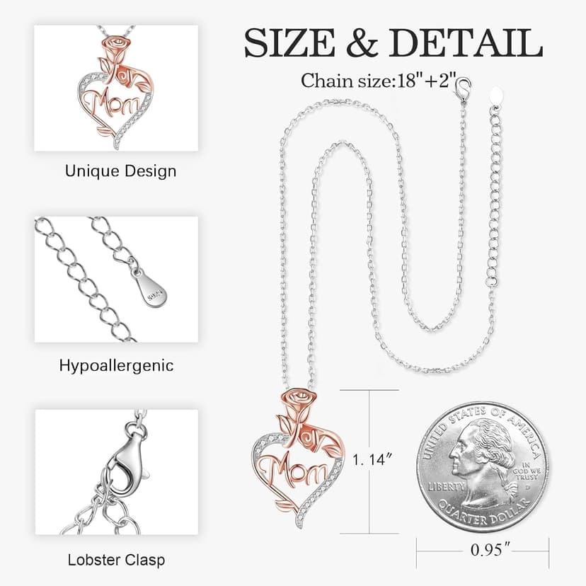Mom Birthday Gift, Mothers Day Gift, Christmas Gift, Jewelry Gifts for Mom from Daughter Son Desimtion Sterling Silver Eternal Rose Heart Mom Necklaces for Women B0BYYLBBTJ