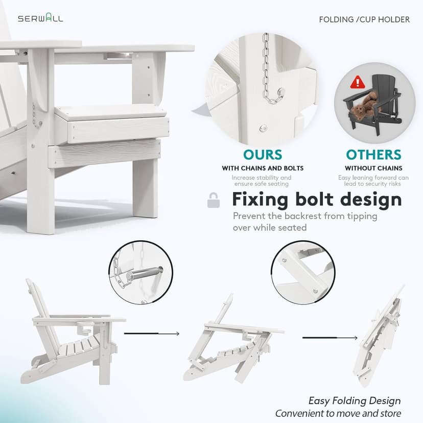 SERWALL Adirondack Chair with Cup Holders - Composite Adirondack Chairs Set of 2 HDPE Outdoor Chairs All Weather Use- White