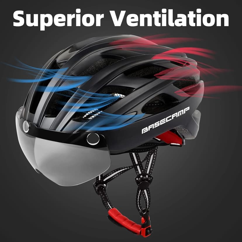 Bike Helmet, Basecamp Bicycle Helmet with Rear Light & Detachable Magnetic Goggles Lightweight Cycling Helmet Adjustable for Adult Men Women Mountain & Road (BC-069)