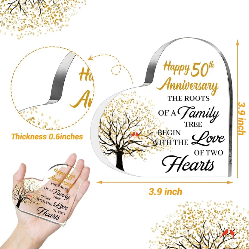 50th Anniversary Wedding Gifts for Couple Parents, Acrylic Heart Cake Topper Decorations, 50 Year Anniversary Presents Gifts Idea for Her Him