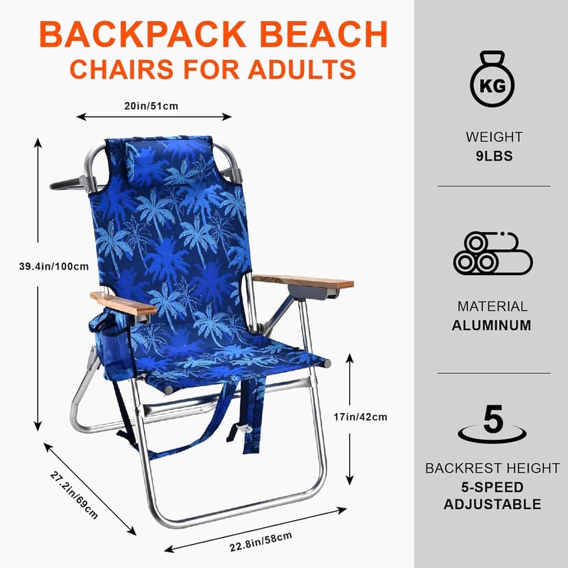 Backpack Beach Chairs for Adults Capacity 300 LBS high 5 Position Beach Chair with Pouch Straps Folding Lightweight Reclining Aluminum Wide Lay Flat Single