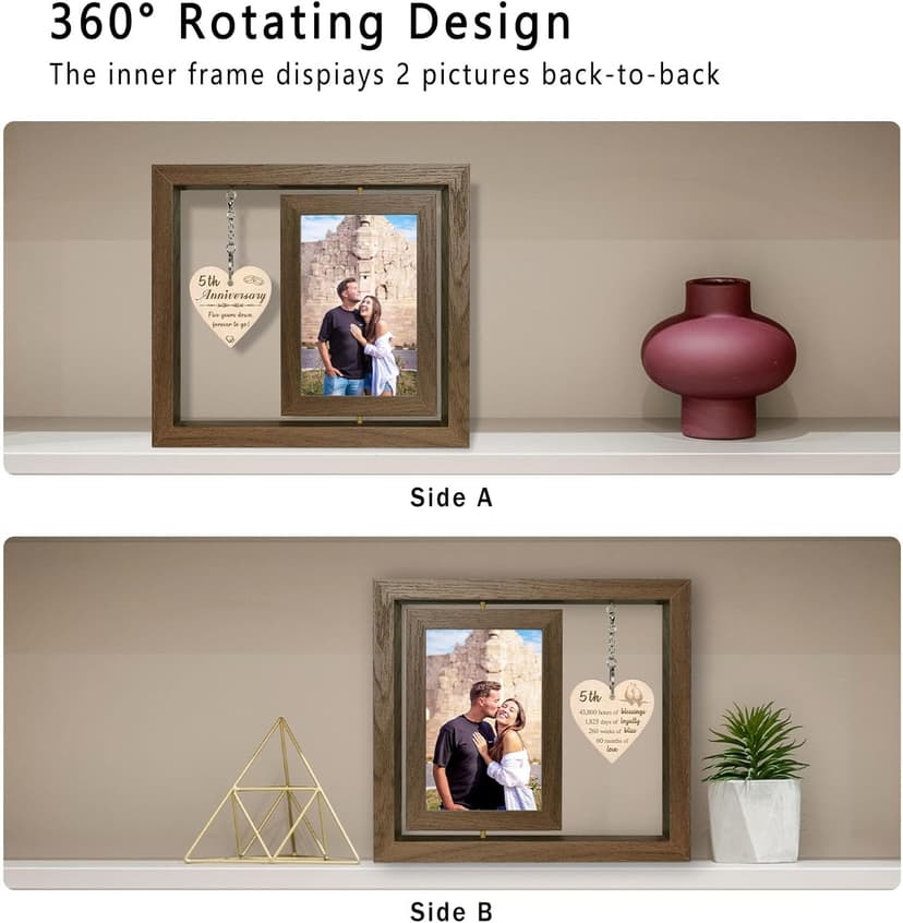 5 Year Anniversary Picture Frame Gifts for Her Him, Wood 5th Wedding Anniversary Photo Frame for Wife Men Husband, Display 2 4x6 Inch