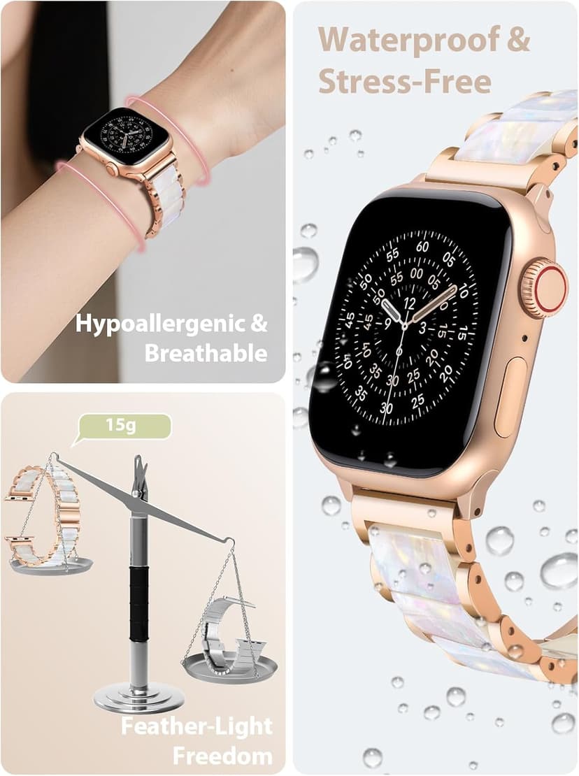 V.R.HOPE Apple Watch Band for Women 38mm 40mm 41mm 42mm Fashion Rose Gold Stainless Steel Metal Strap with Resin Inlay, Fashion Bracelet Compatible with iWatch Series 11/10/9/8/7/6/5/4/3/2/1/SE (Fluorescent White+Rose Gold)