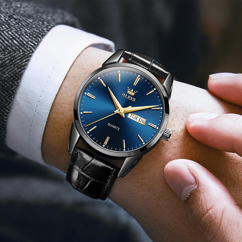 QBAIZI Men's Casual Leather Watch, Easy to Read Three-Hand Analog Stainless Steel Watches for Men, Minimalist Day Date Waterproof Luminous Mens Quartz Wristwatch