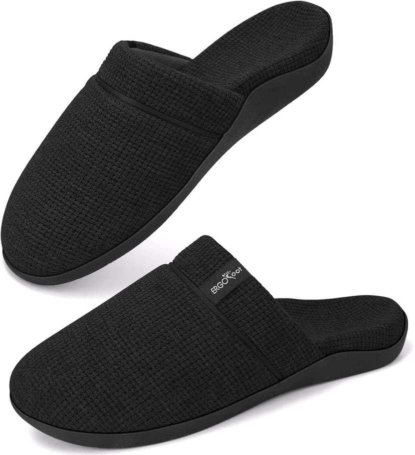 ERGOfoot Orthopedic Slippers for Women, Slip-On Style Summer Slipper with Arch Support, Cozy Comfy Scuff House Shoes for indoor and outdoor with Non-Slip Rubber Sole/Black W9