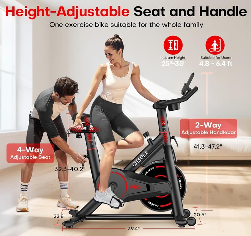 CHAOKE Exercise Bike, Quiet Adjustable Magnetic Stationary Bike for Home Cardio with App Compatible, 350LB Weight Capacity Indoor Cycling Bike with Large Seat, Dumbbell Rack, Pull Cords & LCD Display