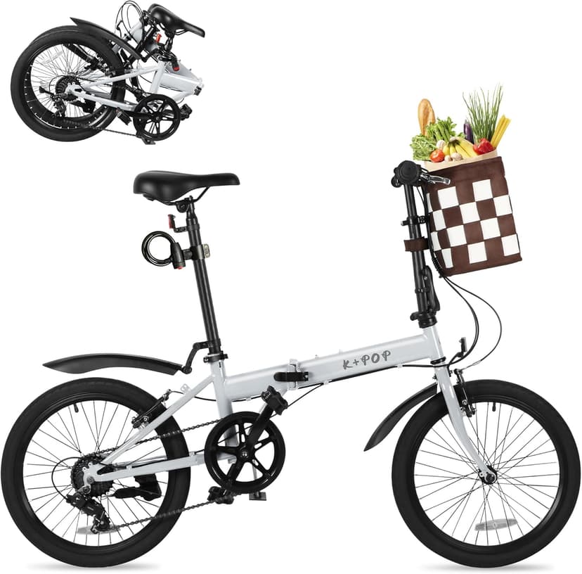 20 Inch Folding Bike with 7-Speed, Foldable Bikes for Adults, Lightweight Folding Bicycle with Basket, Fender, Front and Rear V-Brakes, Adjustable Seat