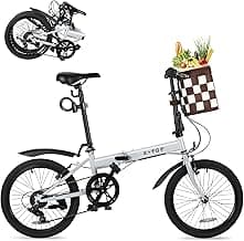 20 Inch Folding Bike with 7-Speed, Foldable Bikes for Adults, Lightweight Folding Bicycle with Basket, Fender, Front and Rear V-Brakes, Adjustable Seat