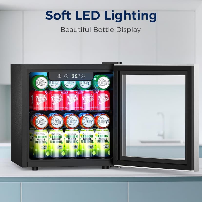 Beverage Refrigerator, 50 Cans Commercial Mini Fridge Cooler, 1.3 Cu.ft with Glass Door, Adjustable Shelves, Digital Temperature Freestanding Small Drink Fridge Soda Beer or Wine for Home Dorm Bar