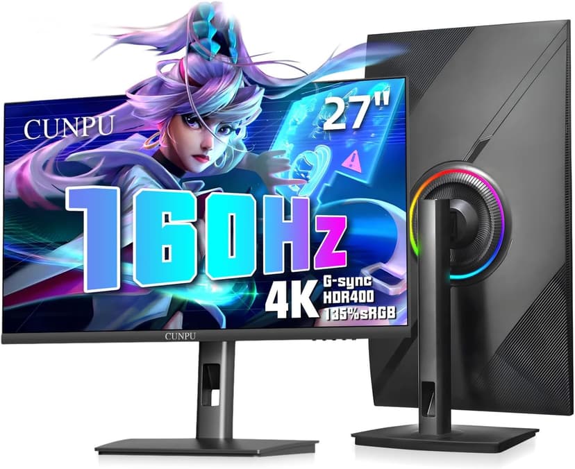 CUNPU 27" 4K 160Hz Ultimate Gaming Monitor, UHD Fast IPS 1ms, G-Sync Compatible & FreeSync, 99% DCI-P3, HDR400, HDMI 2.1 for PS5/Xbox 4K 120Hz, Full Ergonomic Stand