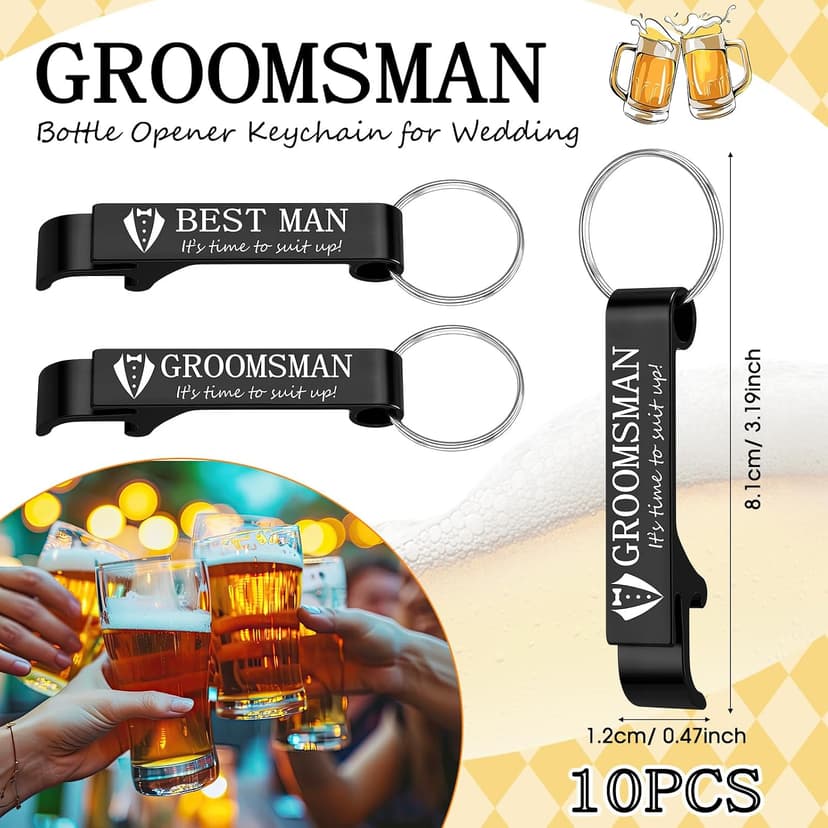 Aluminum Beer Wine Opener for Mens Bachelor Party, Groomsmen Proposal Gift Set Includes 9 Groomsman and 1 Best Man Jingmore 10 Pcs Groomsmen Bottle Opener Keychain Wedding Party Bulk, Black B0FQNWRHCS