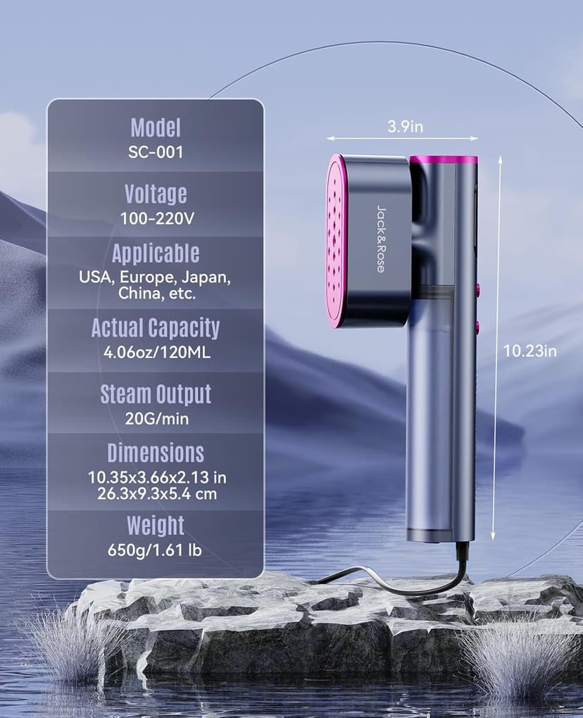 Jack ＆ Rose Travel Steamer for Clothes,100-220V Portable Iron,15s Heat Up,Steamer ＆ Iron 2 In 1, Travel Size,Large Ceramic Heat Panel,for Global and Europe