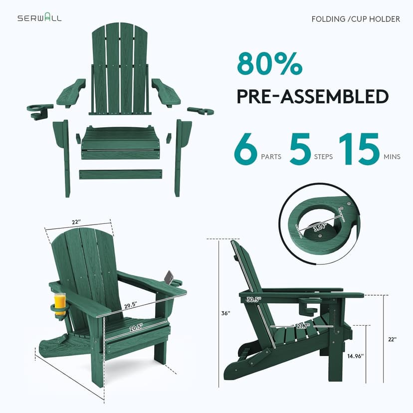 SERWALL Adirondack Chair with Cup Holders - Composite Adirondack Chairs Set of 4 HDPE Outdoor Chairs All Weather Use- Green