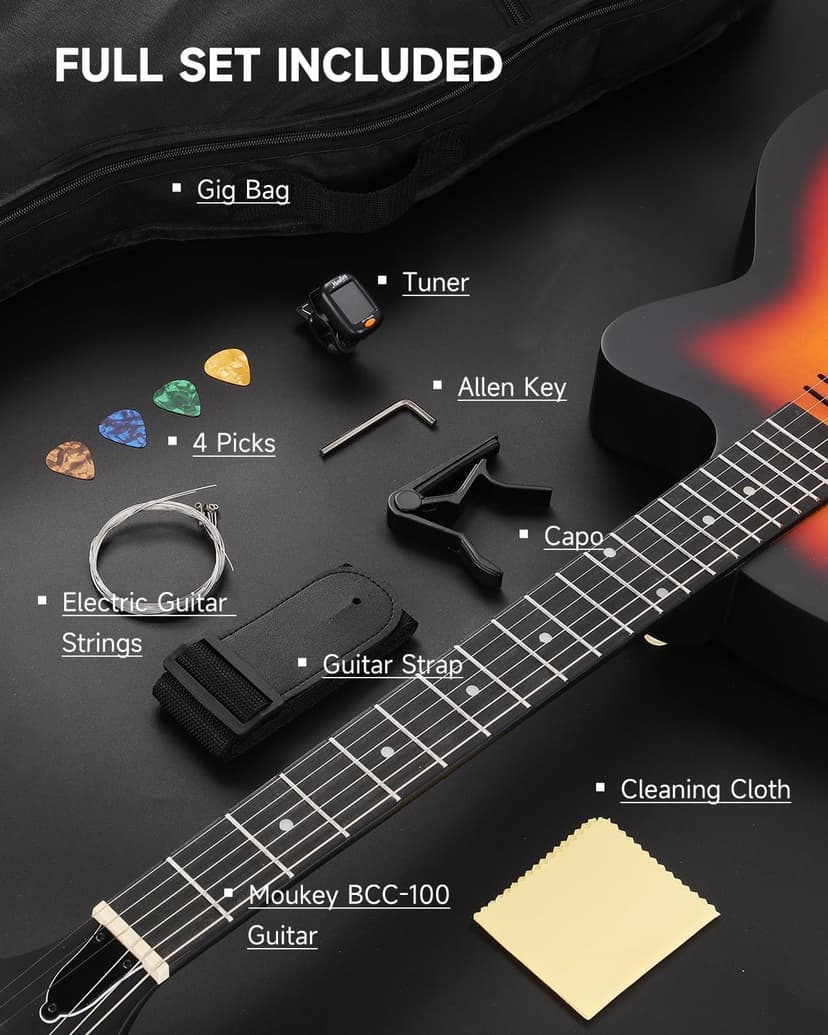Moukey BCC-100 Acoustic Electric Guitar 39-Inch, Cutaway Guitar with Passive Pickup, Gig Bag, Strap, Picks, Tuner, and Capo, Dual Acoustic＆Electric Modes, Sunburst