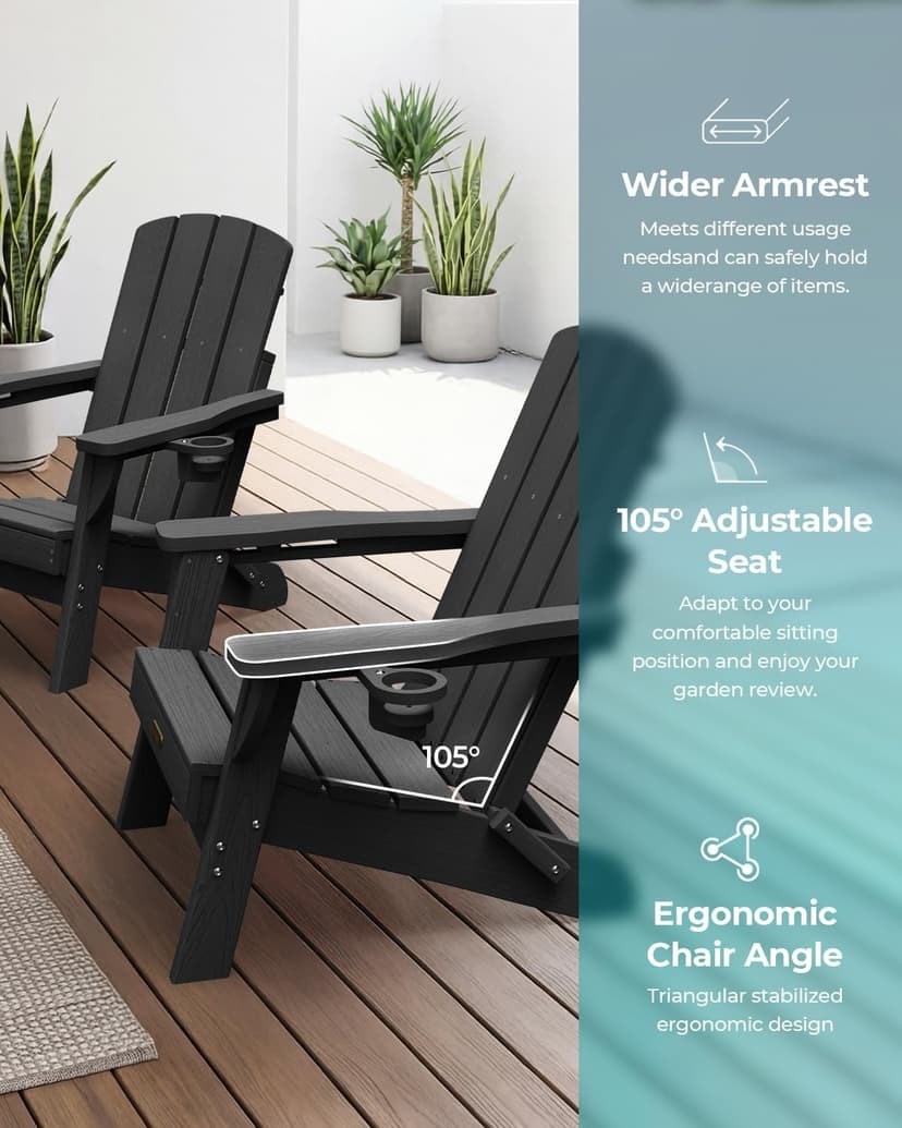 Folding Adirondack Chair, HDPE All-Weather Fire Pit Chairs, Plastic Adirondack Chairs with 2 Cup Holder, Outdoor Lawn Chair for Patio Garden (Black)