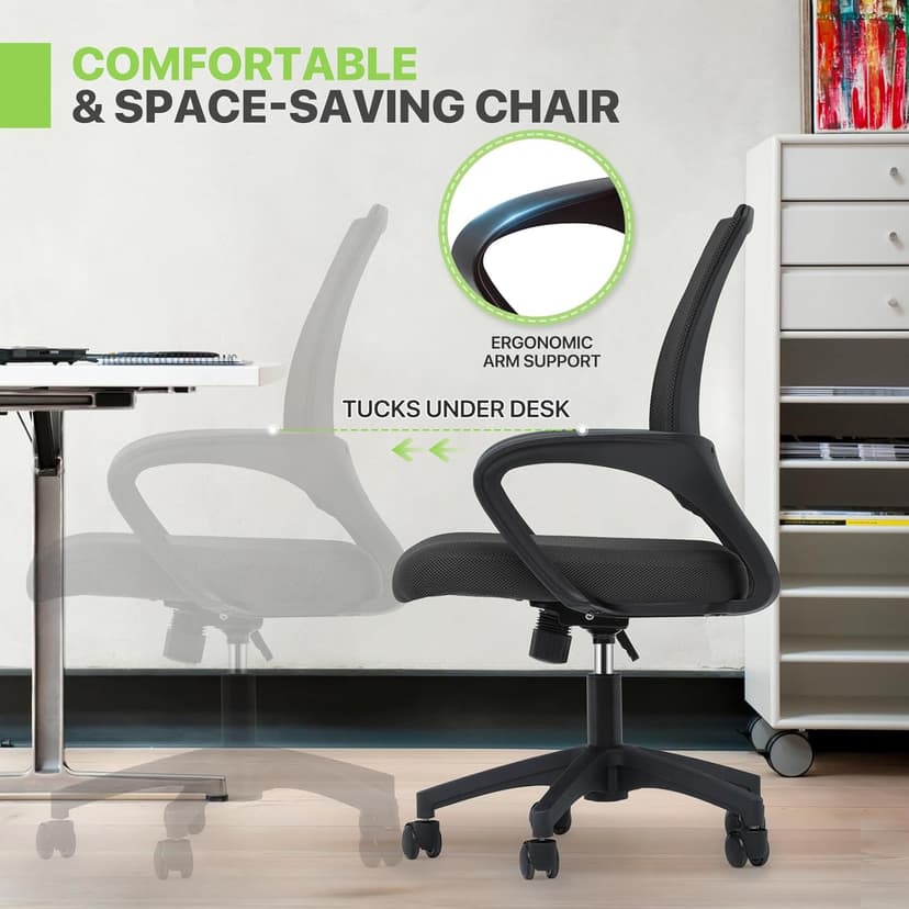 Magshion Ergonomic Office Desk Chair, Mid-Back Mesh Computer Chair, Swivel Chair with Breathable Backrest & Lumbar Support, Adjustable Height for Gaming, Work, Study, 300 Lbs Capacity, Black
