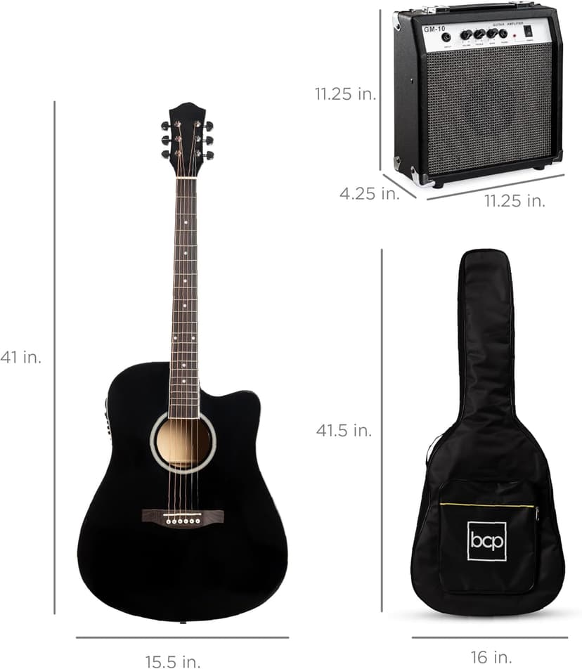 Best Choice Products Beginner Acoustic Electric Guitar Starter Set w/ 41in, All Wood Cutaway Design, Gig Bag, Strap, Picks - Black
