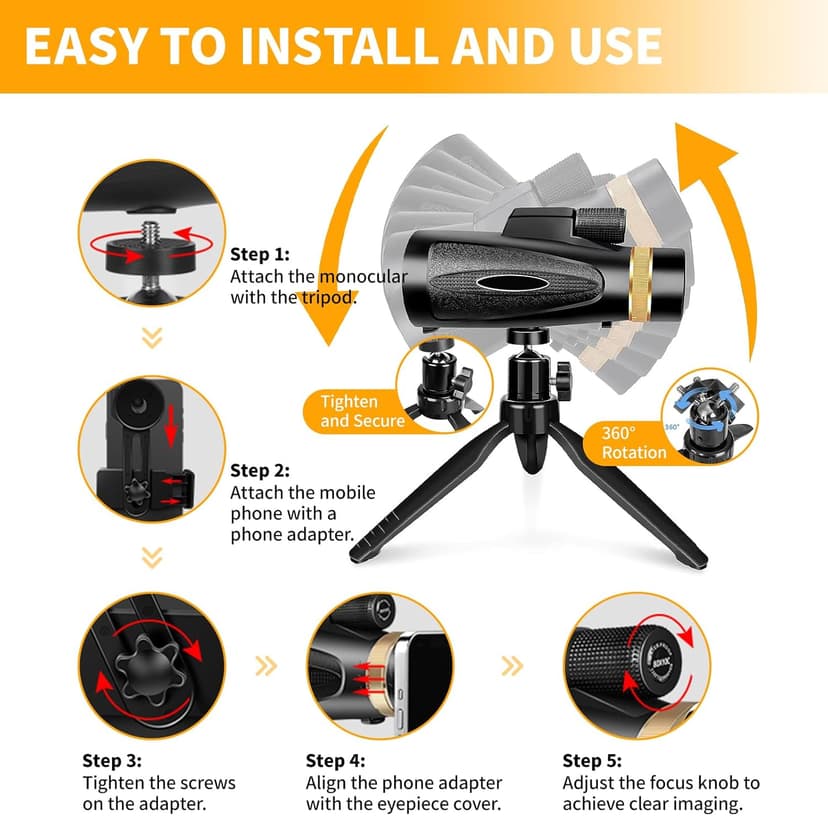 Monocular Telescope 80x100 HD Monoculars for Adults with Tripod & Phone Adapter, Monoculars for Bird Watching Stargazing Camping Hiking Hunting Wildlife Travel-Black