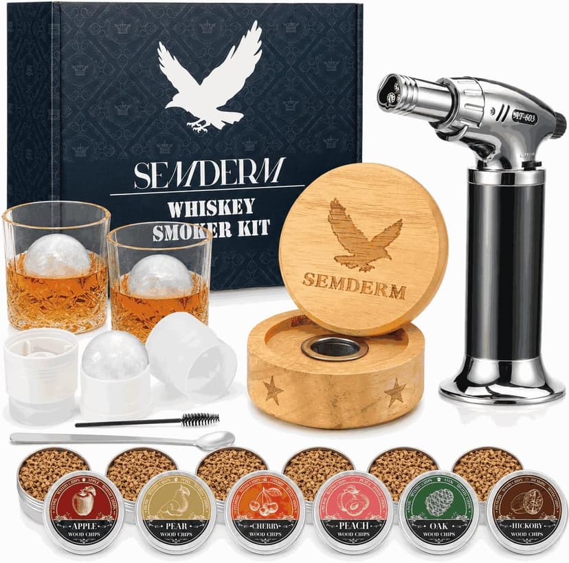 Bourbon Whiskey Smoker Kit with Torch - Old Fashioned Cocktail Smoker Kit with 2 Whiskey Glasses, 6 Wood Chips - Valentines Anniversary Birthday Gifts for Men Dad Husband Boyfriend (No Butane) B0F4N3FSH4