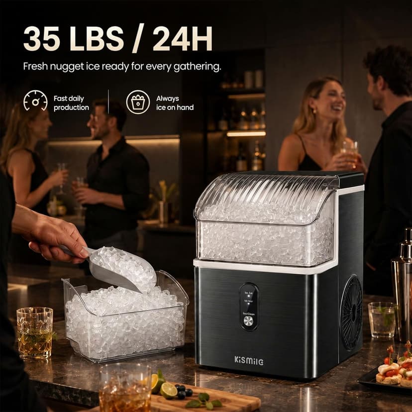 Kismile Nugget Ice Maker Countertop, 35Lbs/24H Pebble Ice Maker with Chewable Pellet ice, First Ice in 7 Mins, Self-Cleaning Ice Machine with Removable Basket for Home & Kitchen(Black)