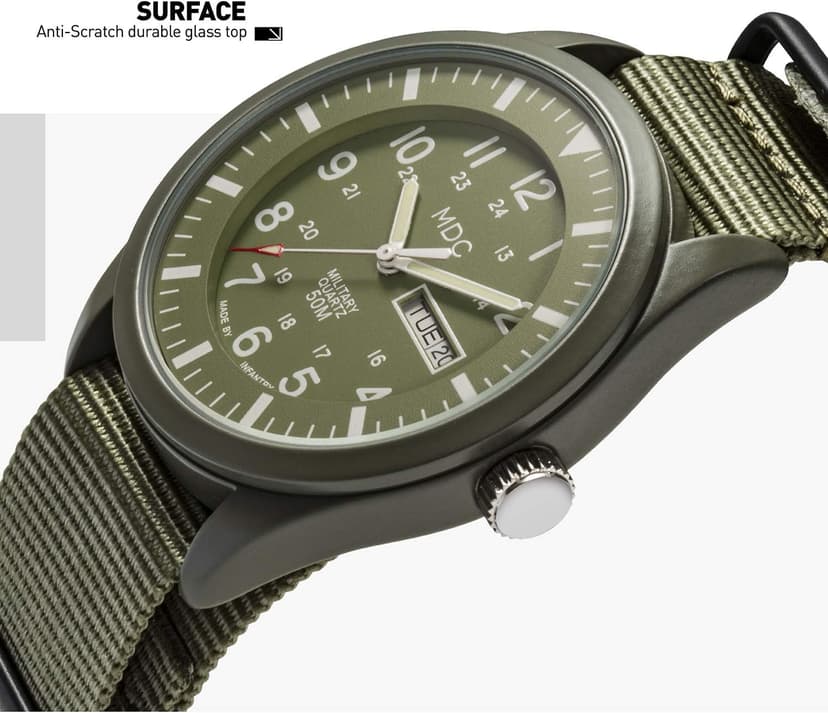 Infantry Mens Military Watch, Vietnam Style Field Watches for Men, Tactical 12/24H Military Time Analog Watch, Waterproof Day Date Quartz Wristwatch w/Green Nylon Band, Work Watch for Man