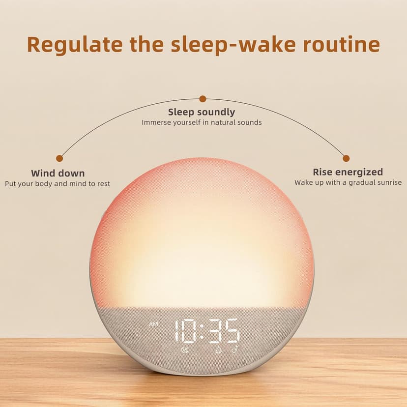 Sunrise Alarm Clock White Noise Machine: Natural Wake Up Light - Dimmable Clock with Bluetooth Speaker for Bedroom - 25 Sleep Sounds for Baby Adults Kids Putty