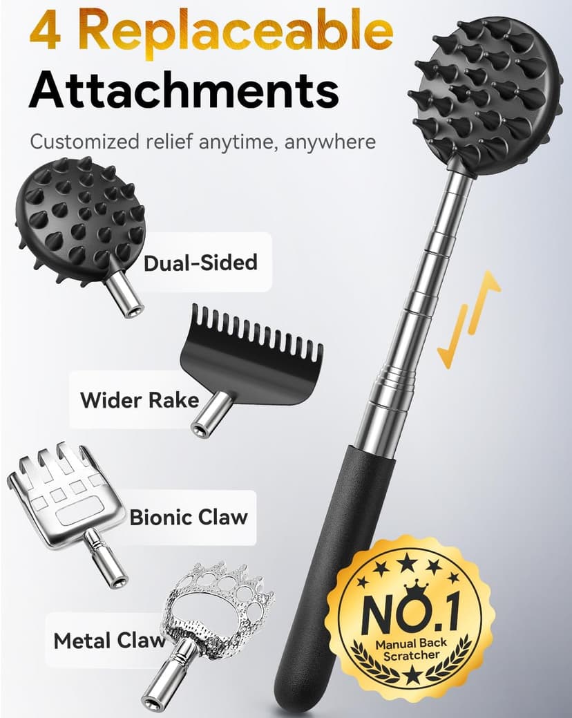 TUKUOS Telescoping Back Scratcher with 4Pcs Detachable Scratching Heads, Fathers Day Dad Gifts for Men Back Scratcher for Men/Dad/Women