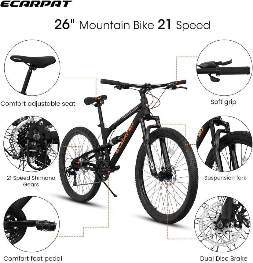 Mountain Bike 24/26/27.5 Inch,Full Suspension, 21-Speed Disc Brake,Carbon Steel Adult Sport Bicycle for Mens Womens