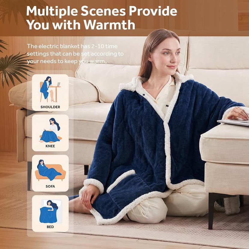 Electric Shawl Wrap with Pockets, Wearable Heated Poncho Hoodie with 6 Heating Levels & 2-10 Hours Auto Shut Off, Home Office Westinghouse Wearable Heated Throw Blanket Flannel Sherpa 50x60 Inch Navy B0CSS5PQ42