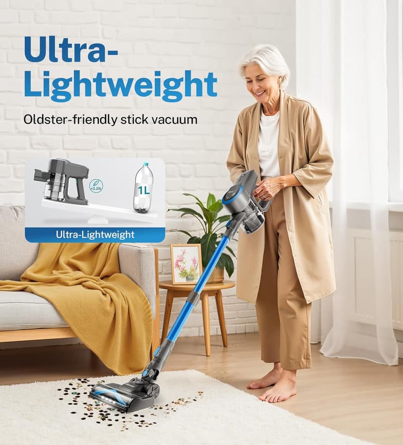 DEVOAC N300 Cordless Vacuum Cleaner, 6 in 1 Lightweight Stick Vacuum, 2200mAh Battery Up to 40mins Runtime, Powerful Handheld Vacuum for Hard Floor Rug Pet Hair Home Dorm (Blue)