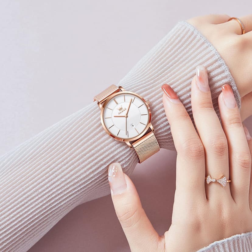 OLEVS Women's Watch Luxury Dress Rose Gold Women Slim Thin Lightweight Watch Stainless Steel Mesh Watches Fashion Waterproof Ladies Wrist Watch Black White Blue Face,Adjustable Bracelet