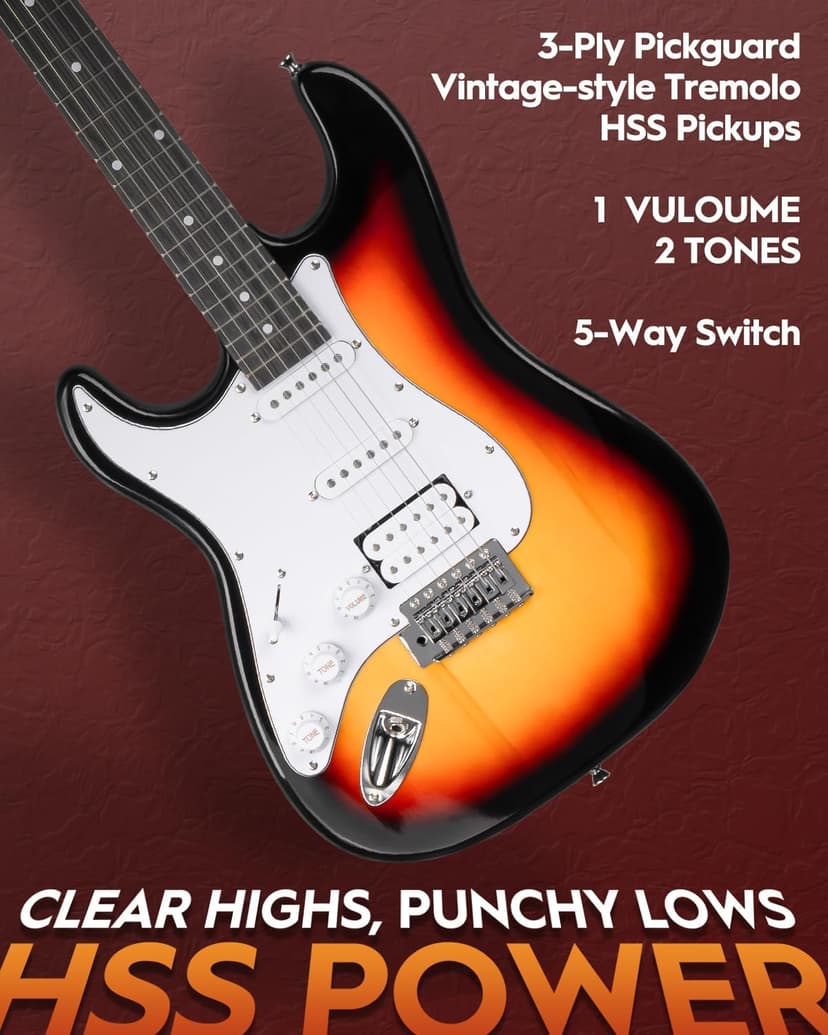 STRICH Electric Guitar Left Hand Beginner Kit, Solid Body 39" Electric Guitar HSS Pick Up for Starter, with 5W x 2 Amp, Bag, Capo, Strap, String,Cable, Picks, SST-S20L Sunburst