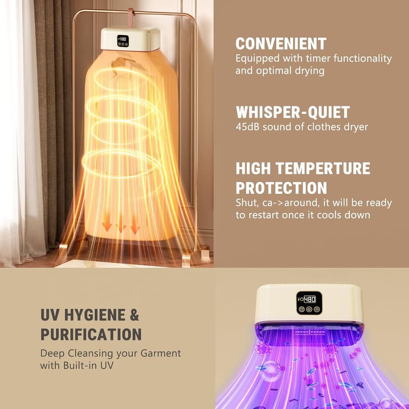 Portable Clothes Dryer Hold 9-12 Items, 8H Timer, w/Remote Control & Dry Bag, Mini Compact Foldable Fast Electric Dryer Machine for Laundry, Travel, Apartment, RV, Dorm, Quiet 45dB, Energy Save, 600W